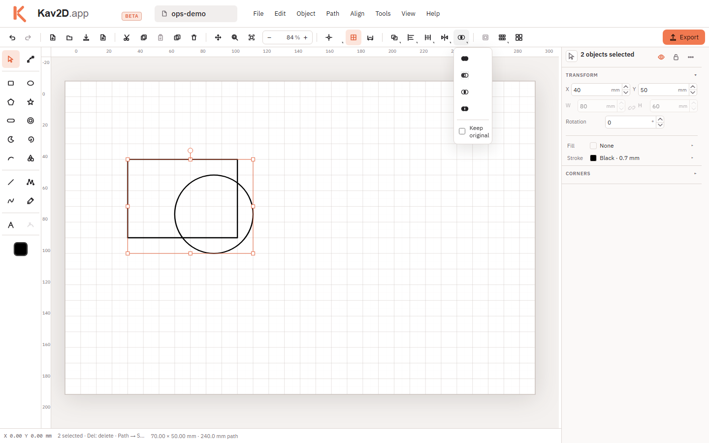 Boolean palette open with Union, Subtract, Intersect, Exclude XOR and Keep original