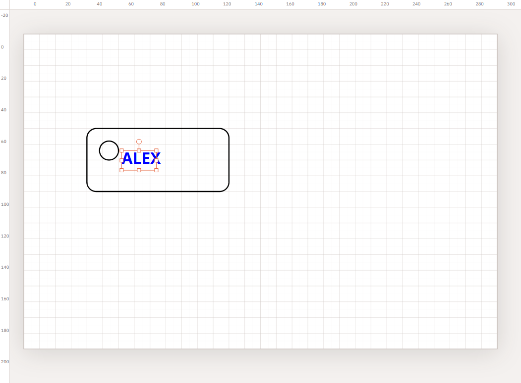 Name tag rectangle with subtracted hanging hole and text on the Kav2D page