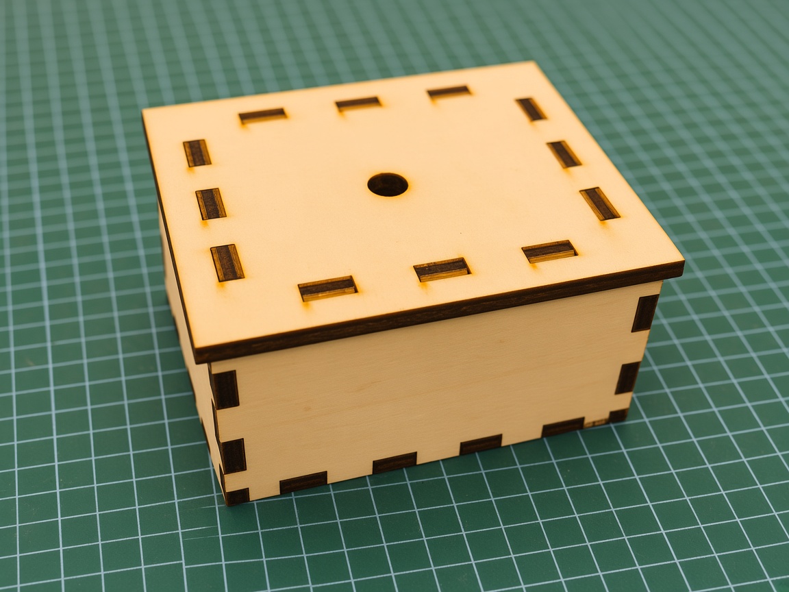 Assembled laser-cut plywood finger-joint box made with Box Generator