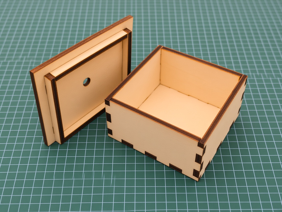 Open laser-cut finger-joint box with lid propped beside it showing the inner lip
