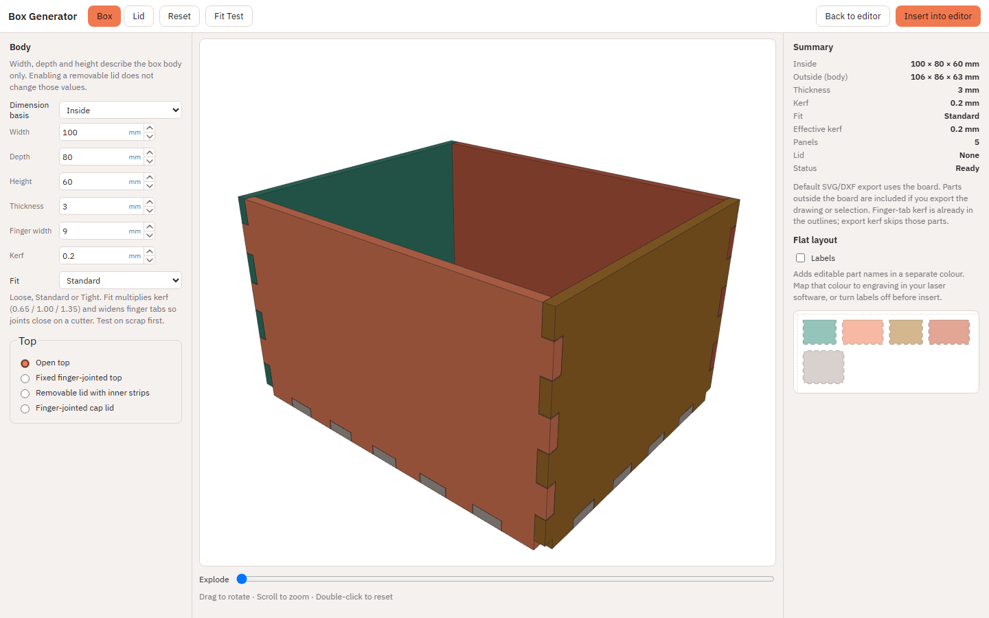 Box Generator with body settings, 3D assembly preview and flat layout
