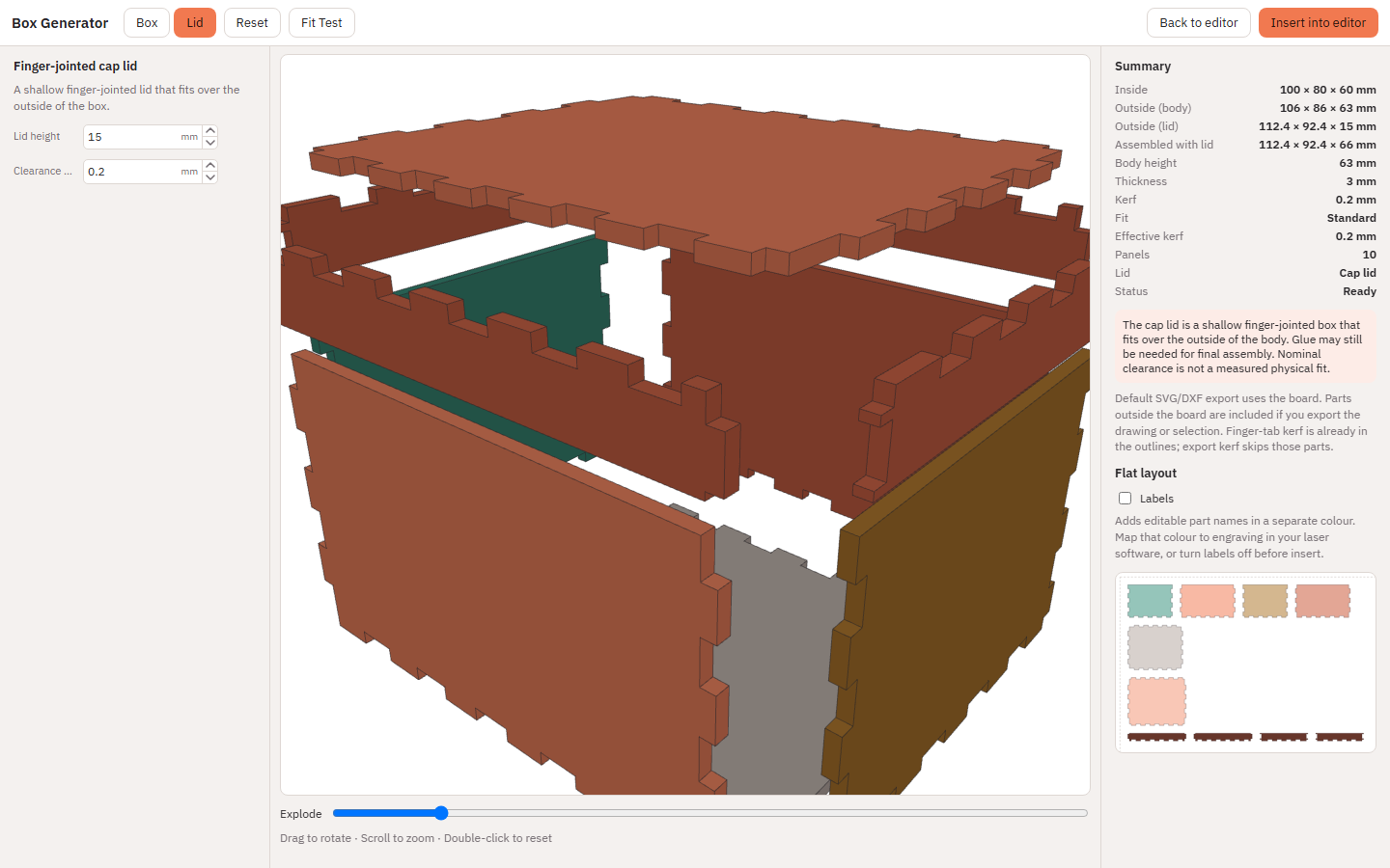 Box Generator with a finger-jointed cap lid exploded in the 3D preview