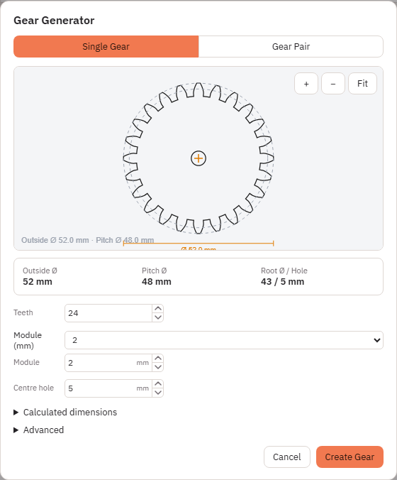 Gear Generator dialog with a Single Gear preview