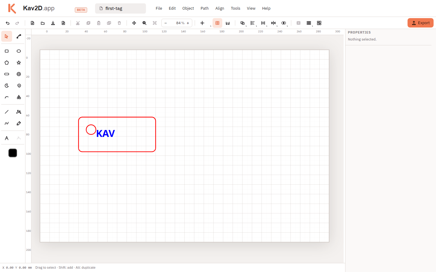 Kav2D editor showing the menu bar, left tools, drawing page and right inspector