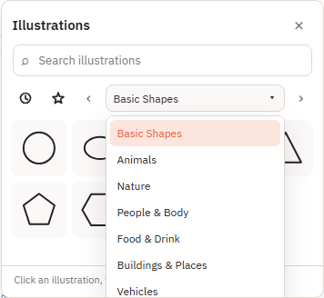 Illustrations panel with Search illustrations and the category list open