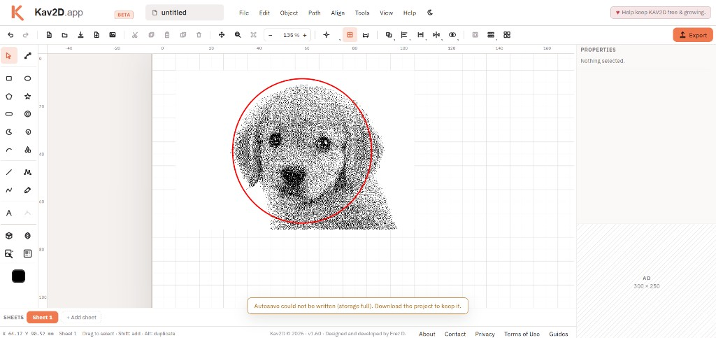 Closed red ellipse drawn over a dithered laser image on the Kav2D sheet before Intersect crop
