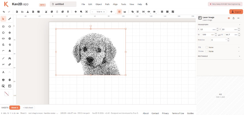 Dithered puppy laser image selected on the Kav2D sheet with transform handles