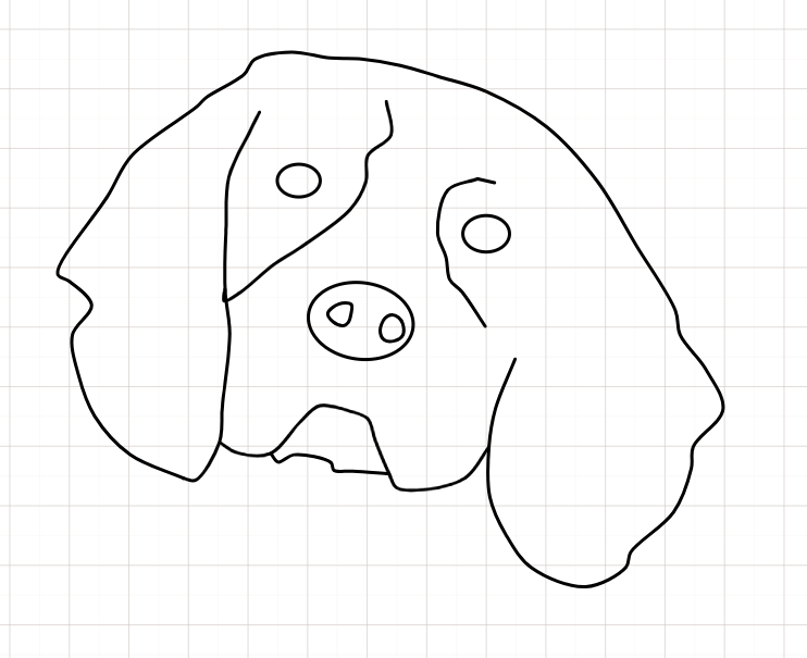 Finished beagle-head outline on the Kav2D grid with the reference photograph hidden