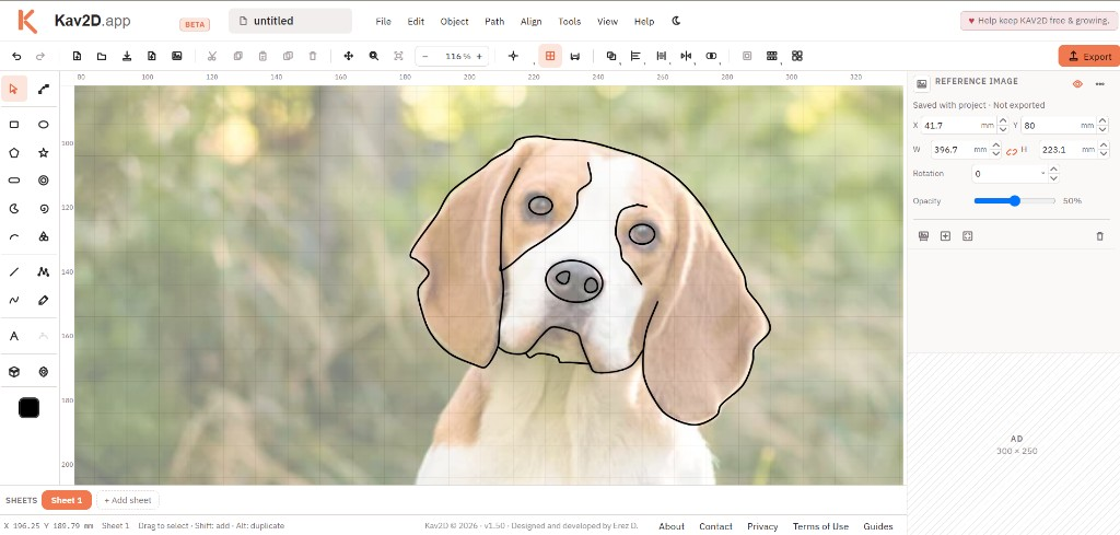 Spline outline of a beagle face drawn over a faded reference photograph in Kav2D