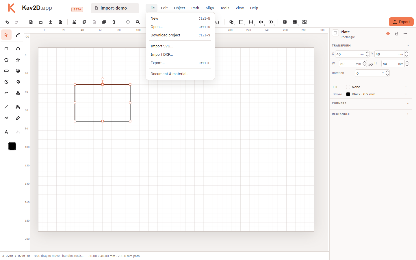 File menu showing Import SVG and Import DXF commands in Kav2D