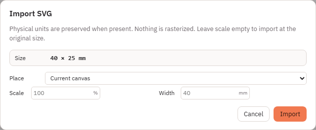 Import SVG dialog with Place, Scale percent and Width in millimetres