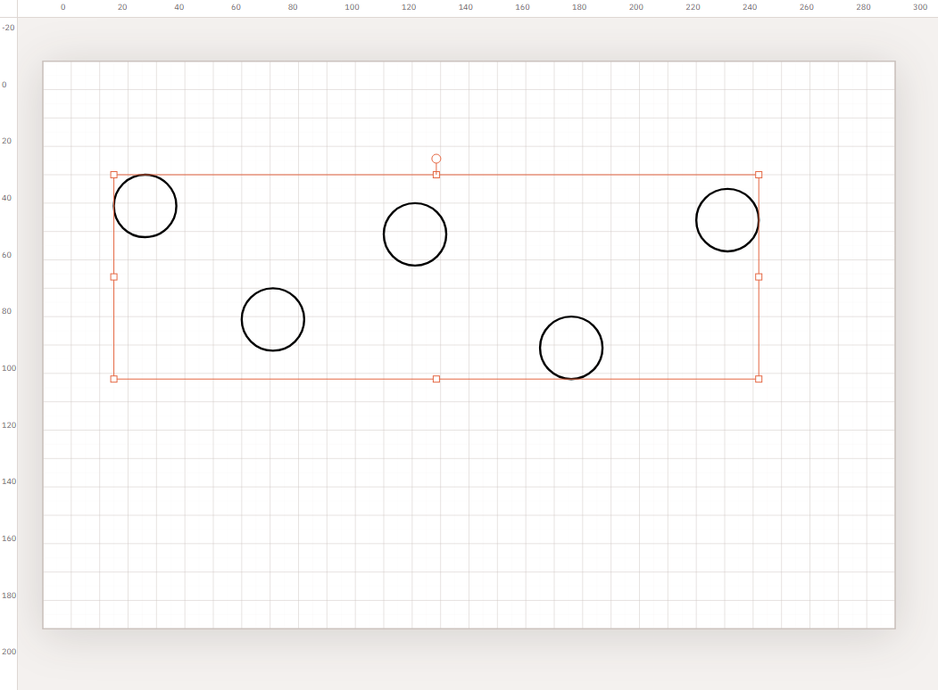 Five circles scattered at uneven heights and gaps before align and distribute